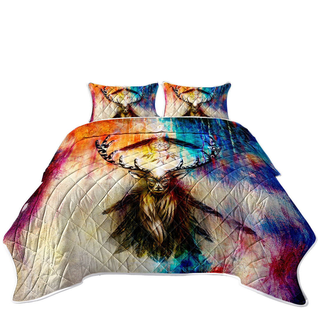 California King Quilt Sets with Colorful Native Deer Painting