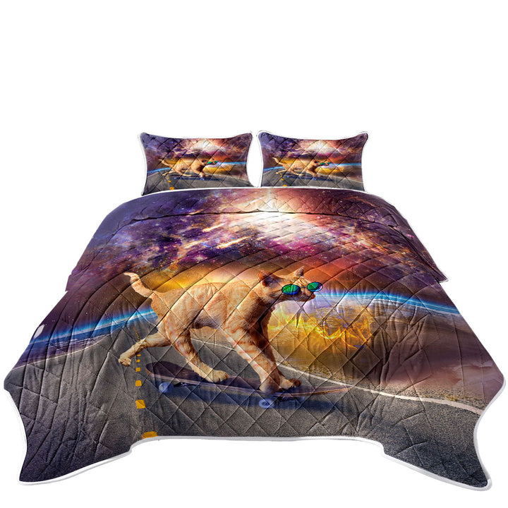 California King Quilt Sets with Cool Art Cat Skateboarding in Space