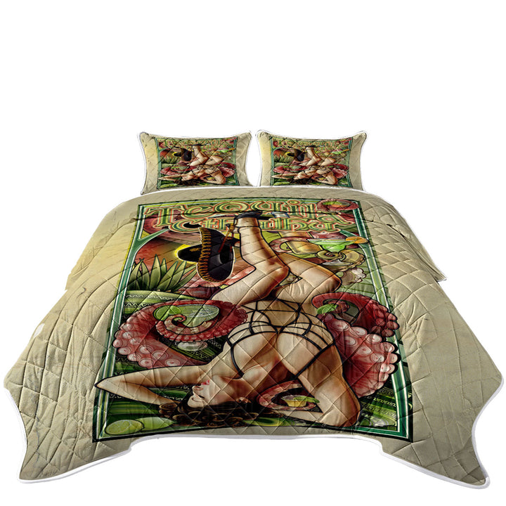 California King Quilt Sets with Cool Art Tequila Cthulhu and Sexy Woman