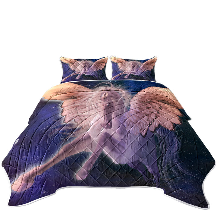 California King Quilt Sets with Cool Fantasy Art Flying White Horse Pegasus