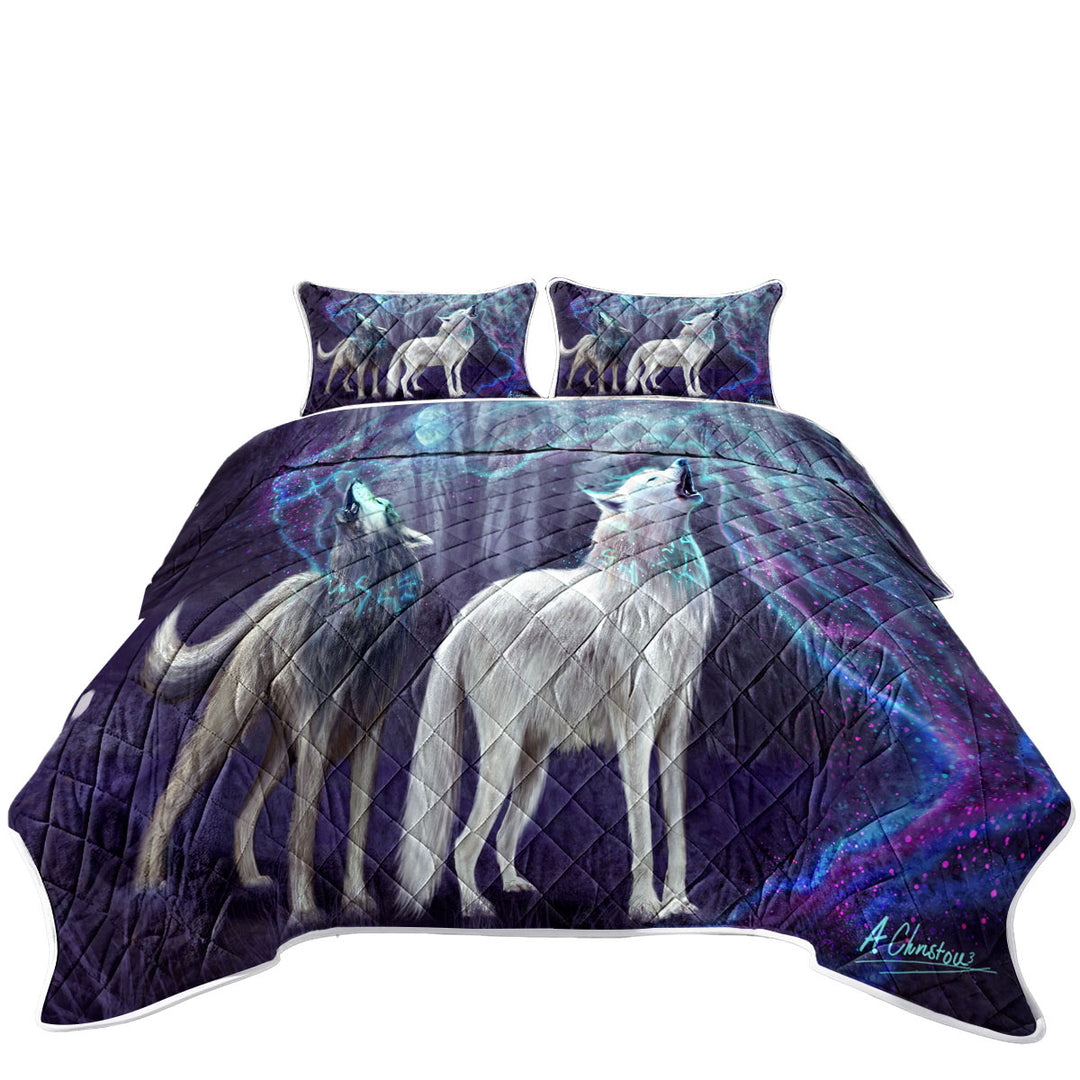 California King Quilt Sets with Cool Fantasy Wildlife Wolves