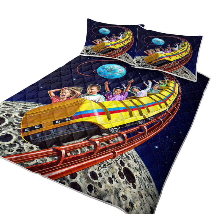 California King Quilt Sets with Cool Funny Kids Roller Coaster to the Moon