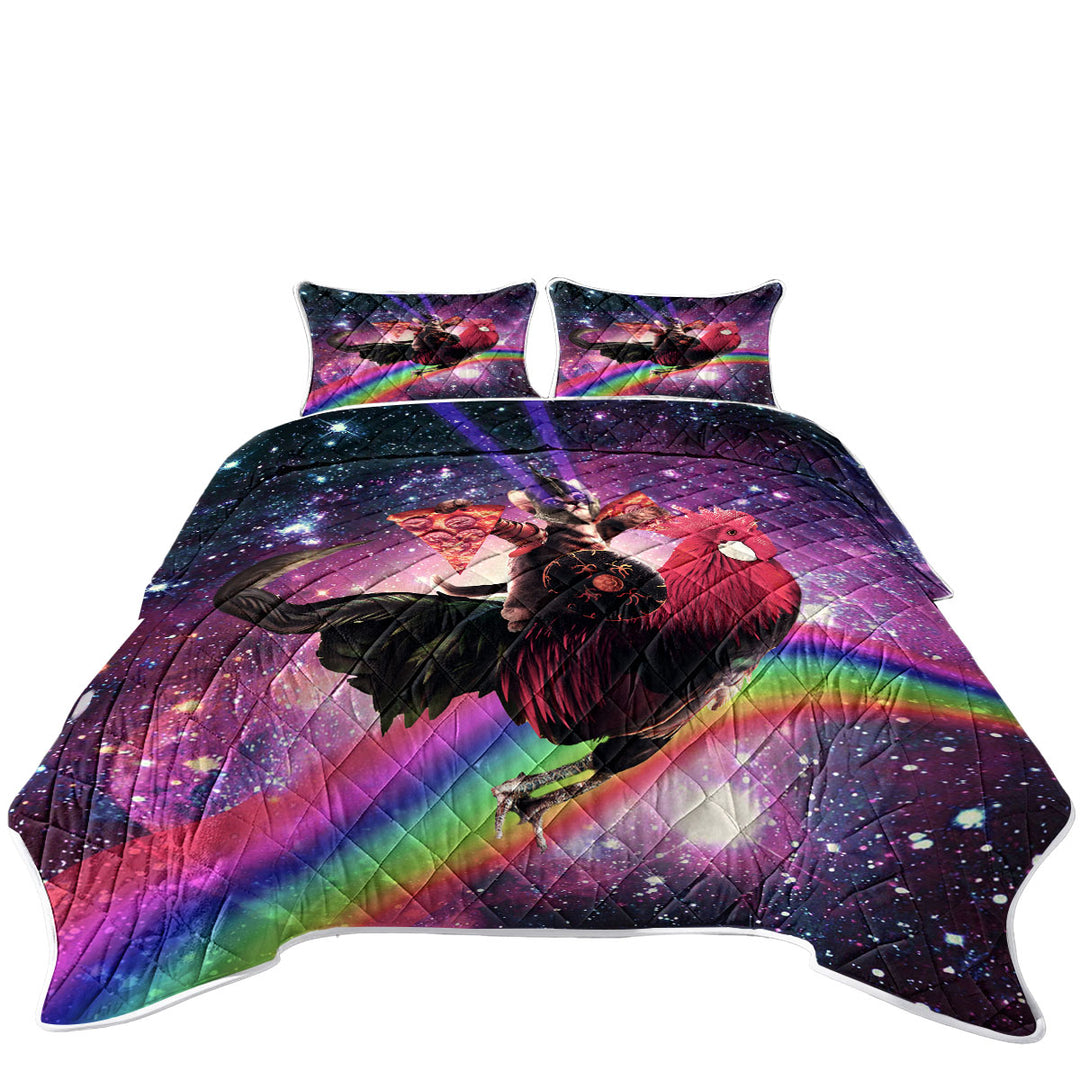 California King Quilt Sets with Cool and Funny Space Pizza Cat Riding a Chicken