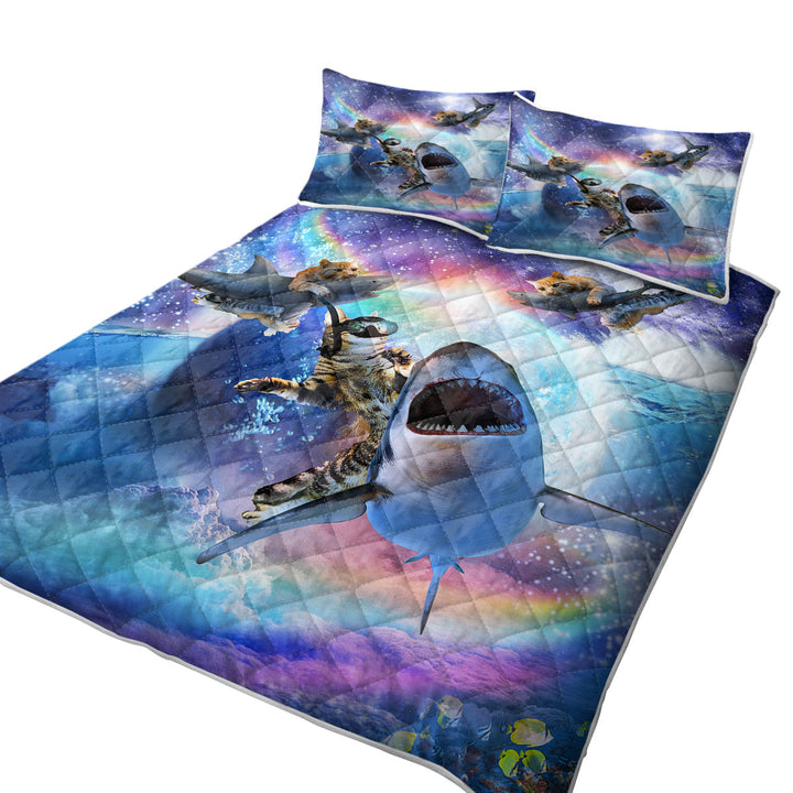 California King Quilt Sets with Crazy Cool Space Cats and Sharks