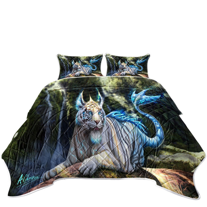 California King Quilt Sets with Fantasy Art White Nero Tiger