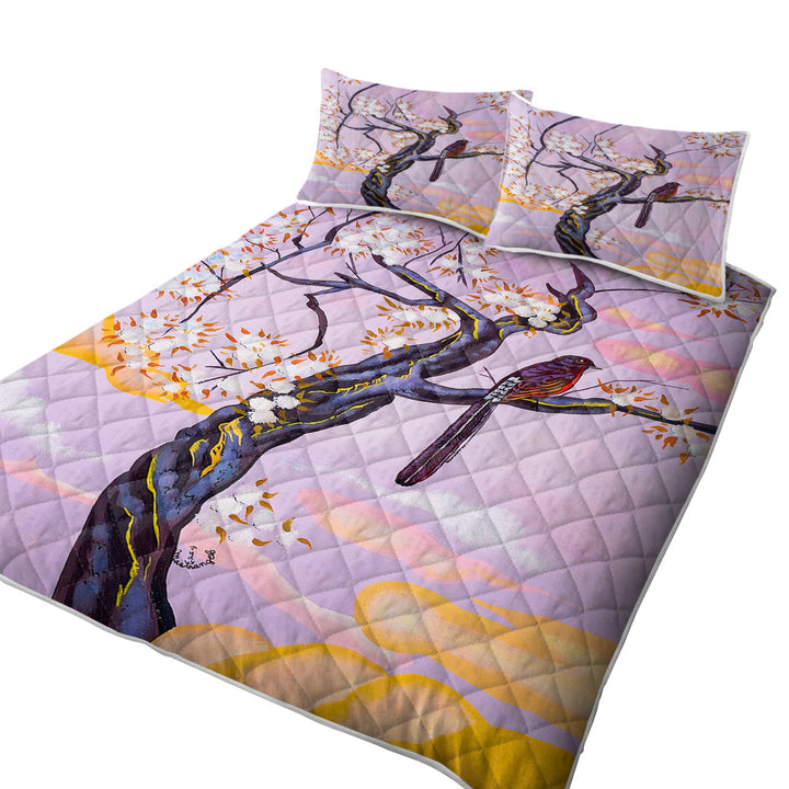 California King Quilt Sets with Flowers Painting Bird on Lavender