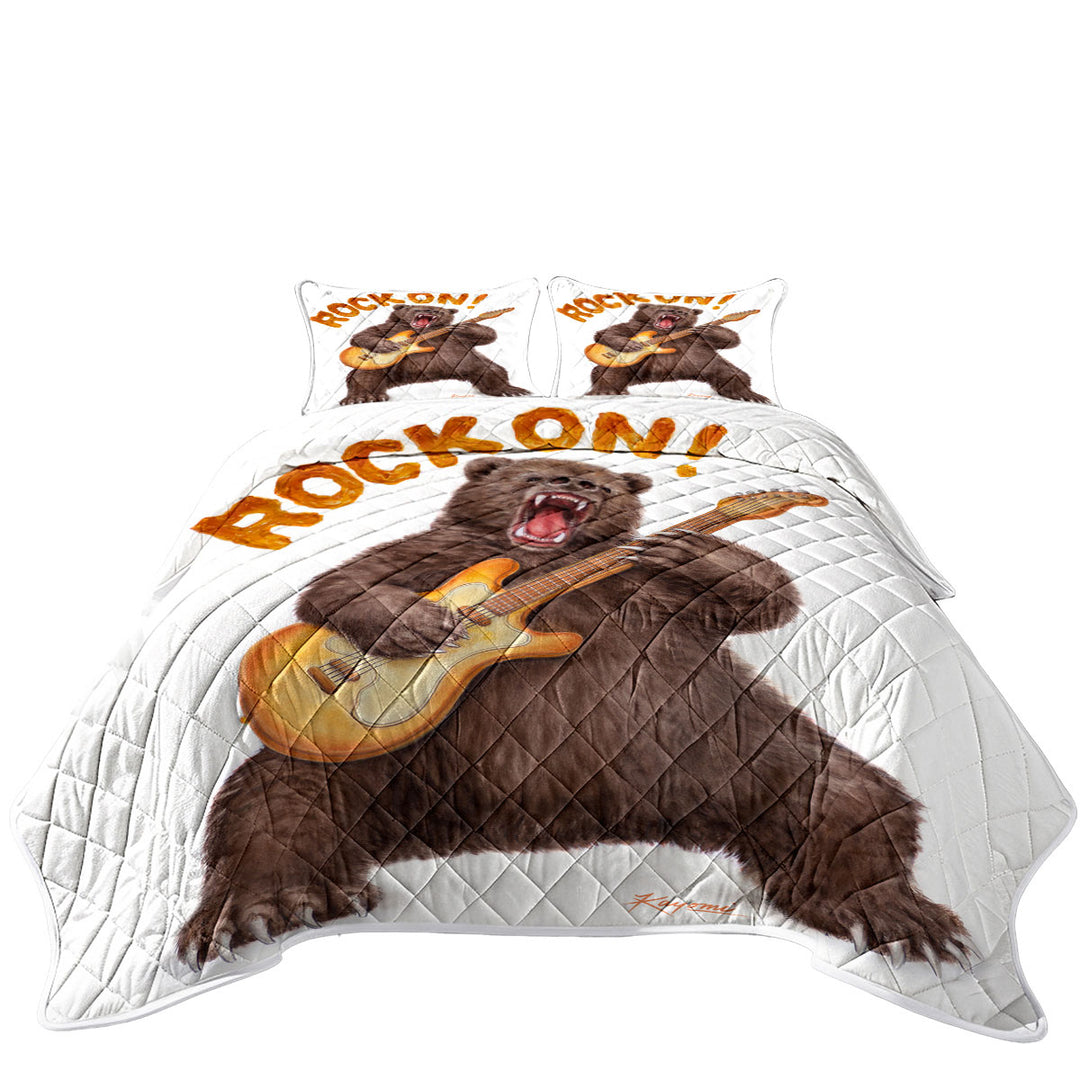 California King Quilt Sets with Funny Cool Animal Art Rock on Guitar Bear