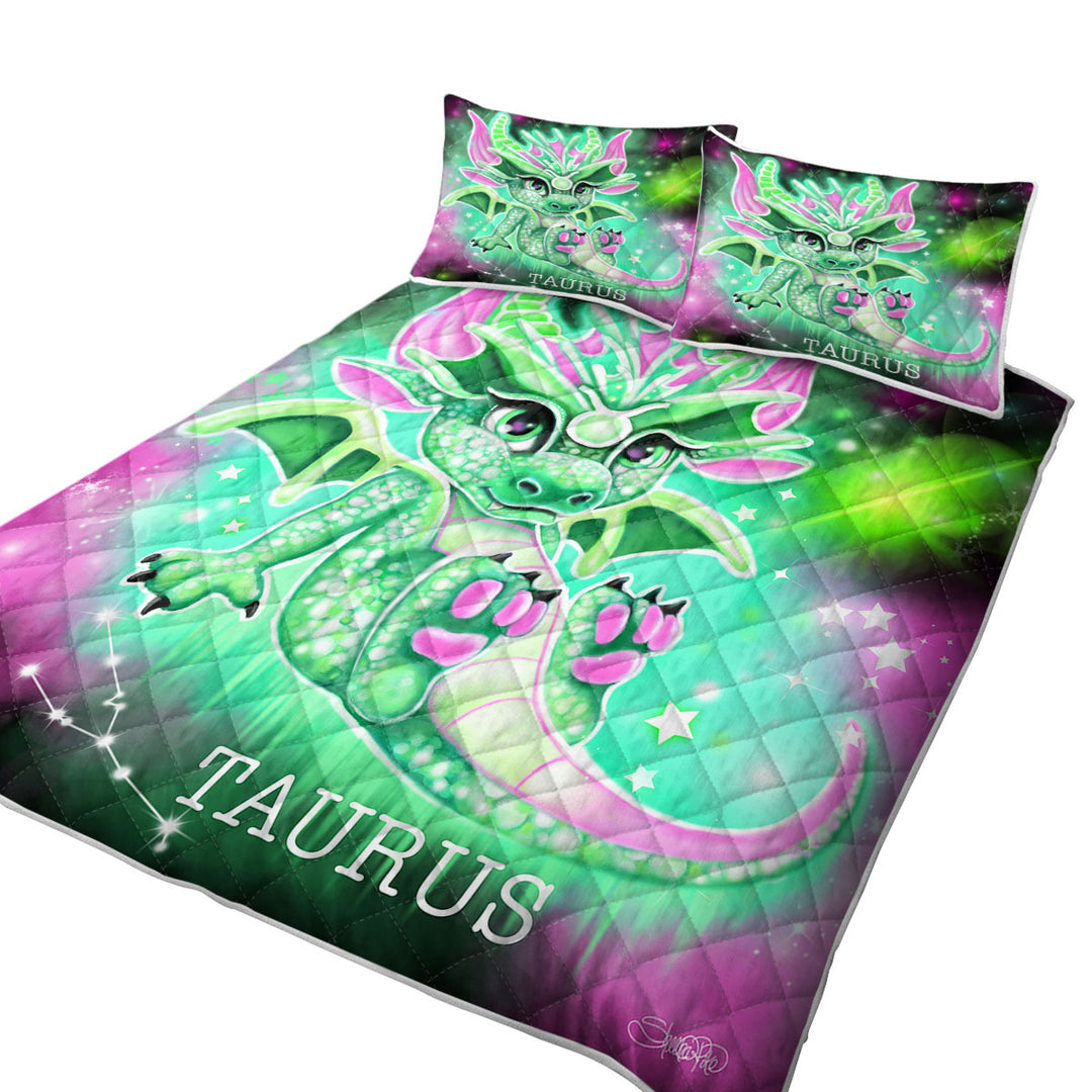 California King Quilt Sets with Green Sparkling Taurus Lil Dragon