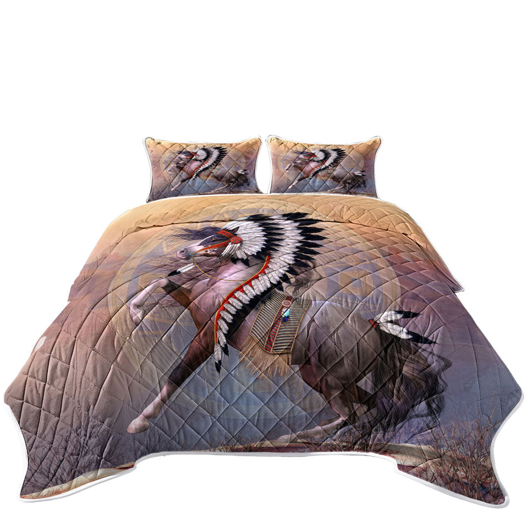 California King Quilt Sets with Impressive Native American War Bonnet Horse