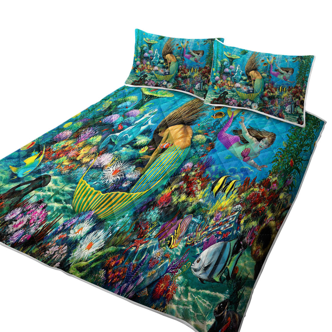 California King Quilt Sets with Magical Underwater Corals in the Mermaids World