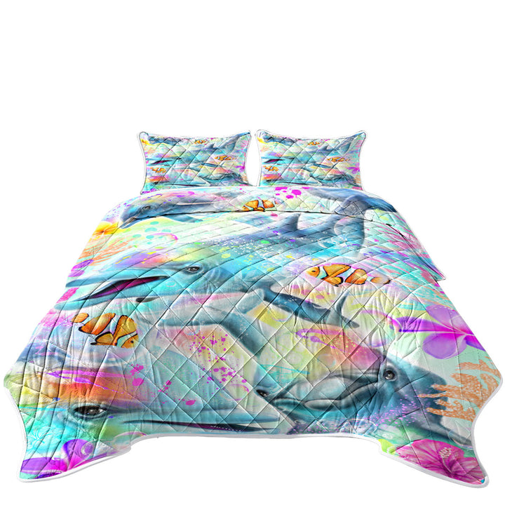 California King Quilt Sets with Marine Life Painting Daydream Rainbow Dolphins