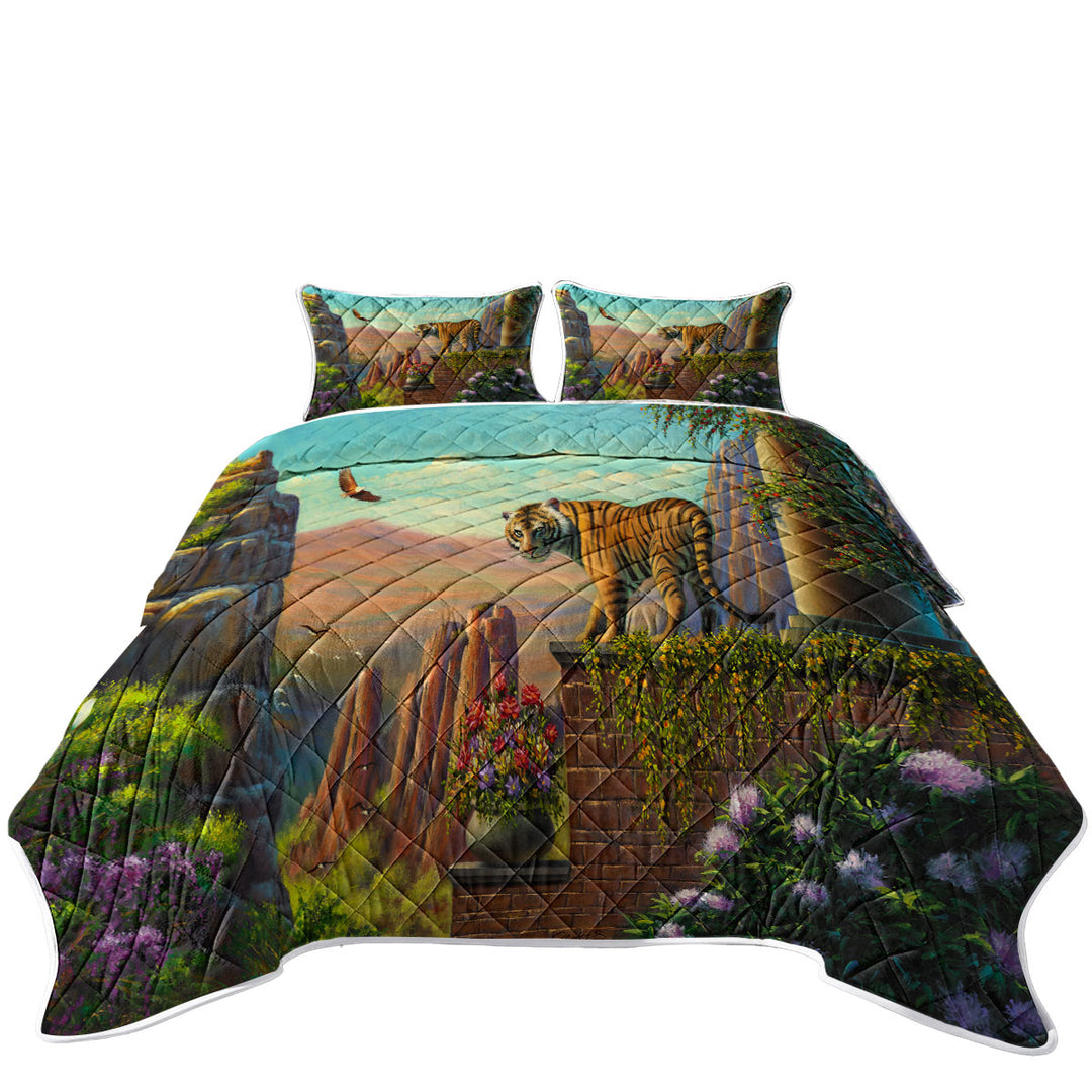 California King Quilt Sets with Painting of Tiger on Floral Terrace