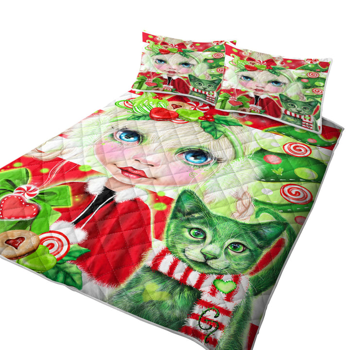 California King Quilt Sets with Red Green Christmas Cindy Girl and Kitty Cat