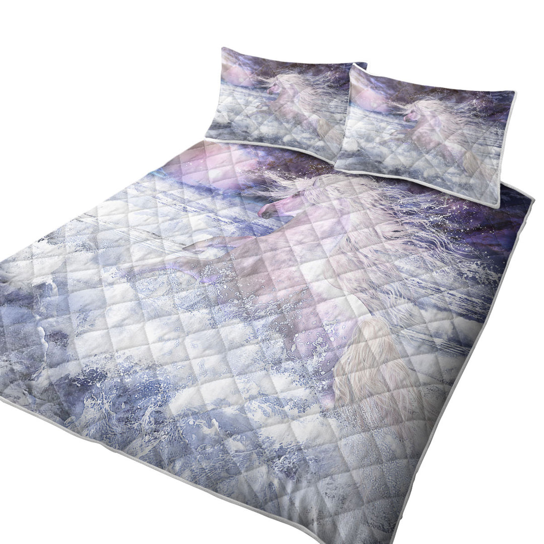 California King Quilt Sets with Stunning White Horse Running in the Ocean