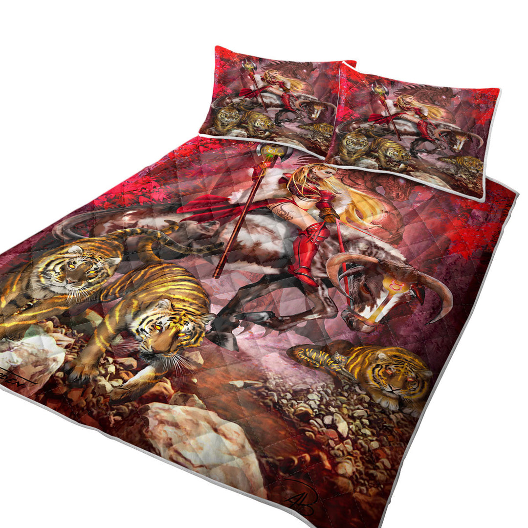 California King Quilt Sets with Taurus Bull Woman Warrior Dragon and Tigers