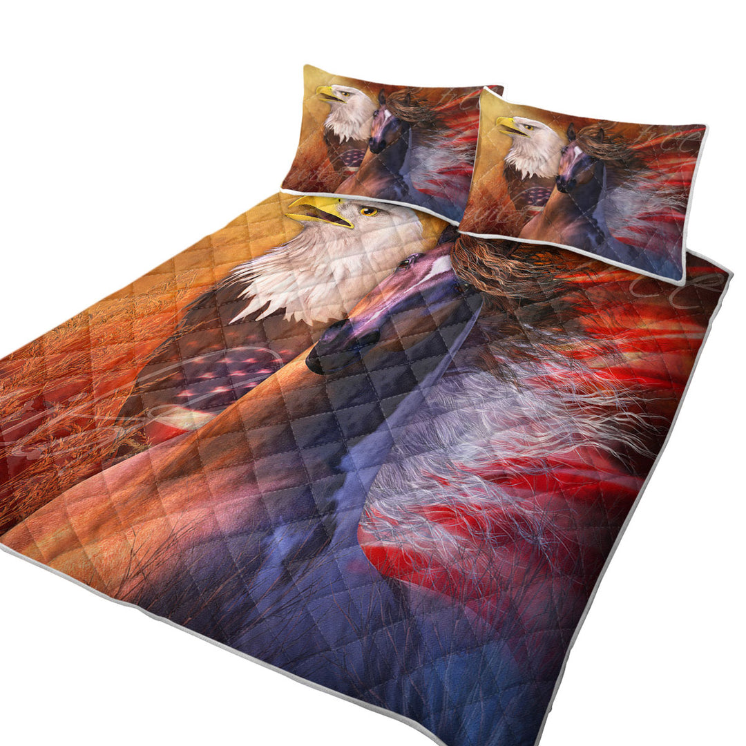 California King Quilt Sets with USA Wild and Free American Eagle and Horse