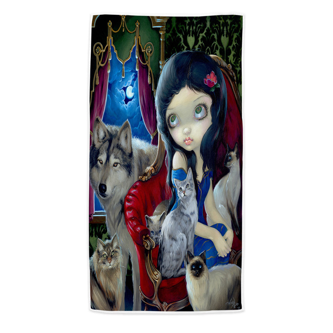 Call of the Night Wolf Cats and Beautiful Girl Microfiber Beach Towel