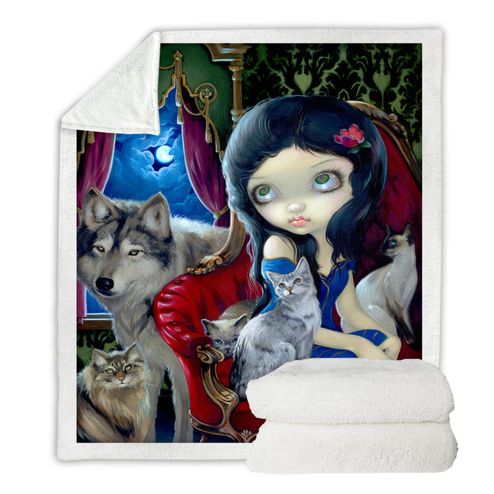 Call of the Night Wolf Cats and Beautiful Girl Sherpa Blanket