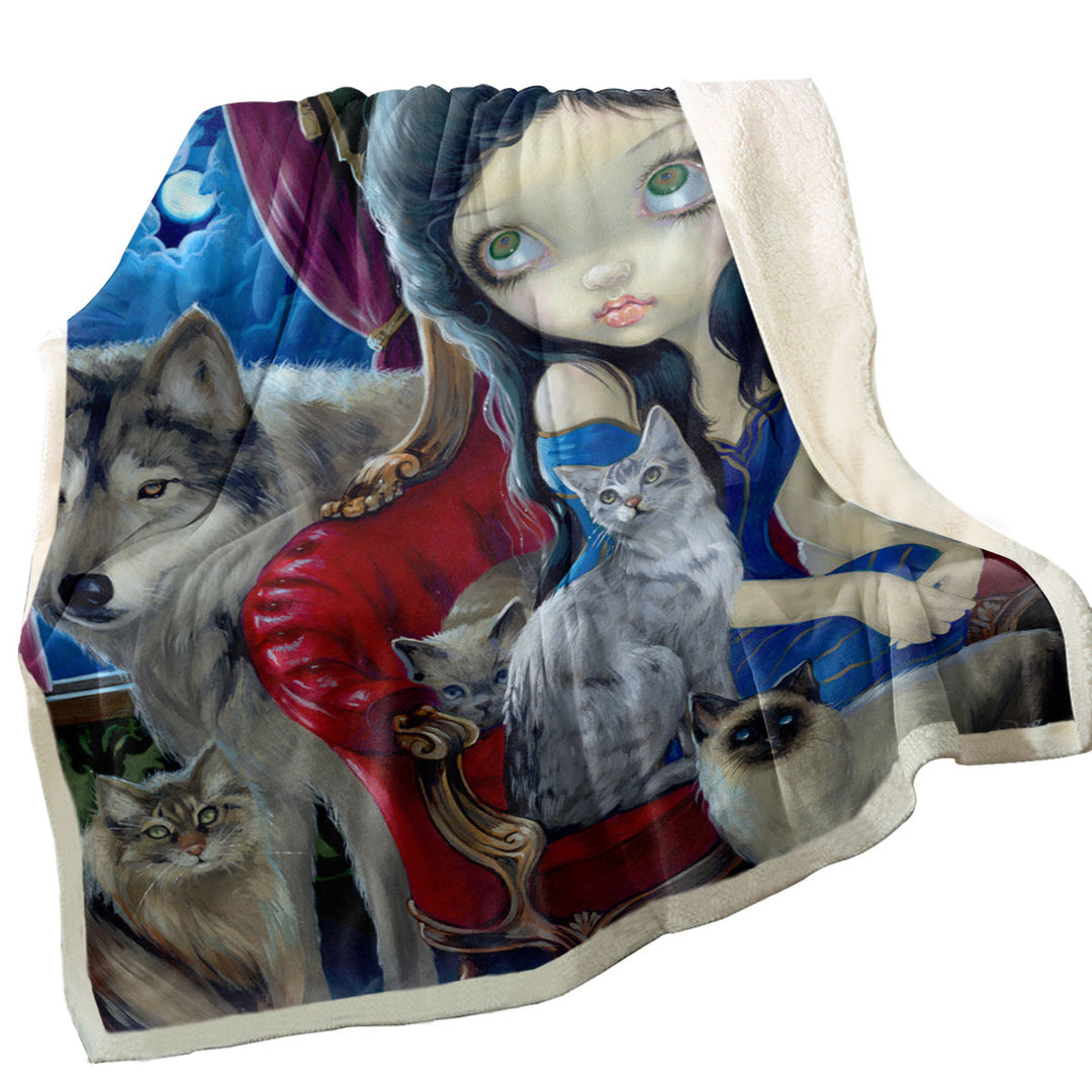 Call of the Night Wolf Cats and Beautiful Girl Sofa Blankets