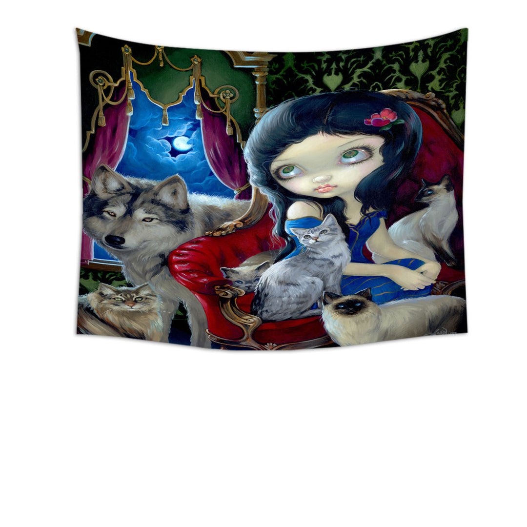 Call of the Night Wolf Cats and Beautiful Girl Tapestry