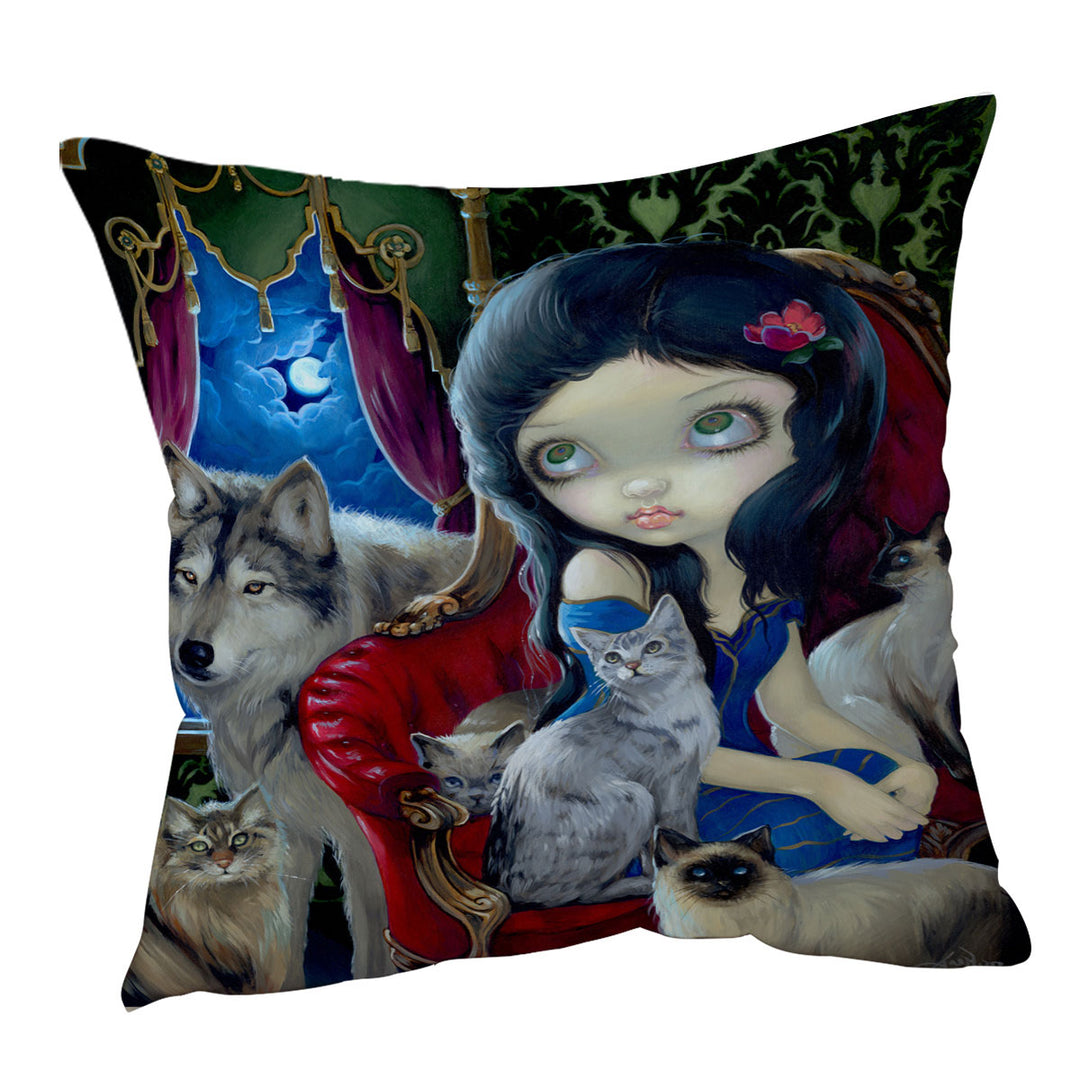 Call of the Night Wolf Cats and Beautiful Girl Throw Pillows