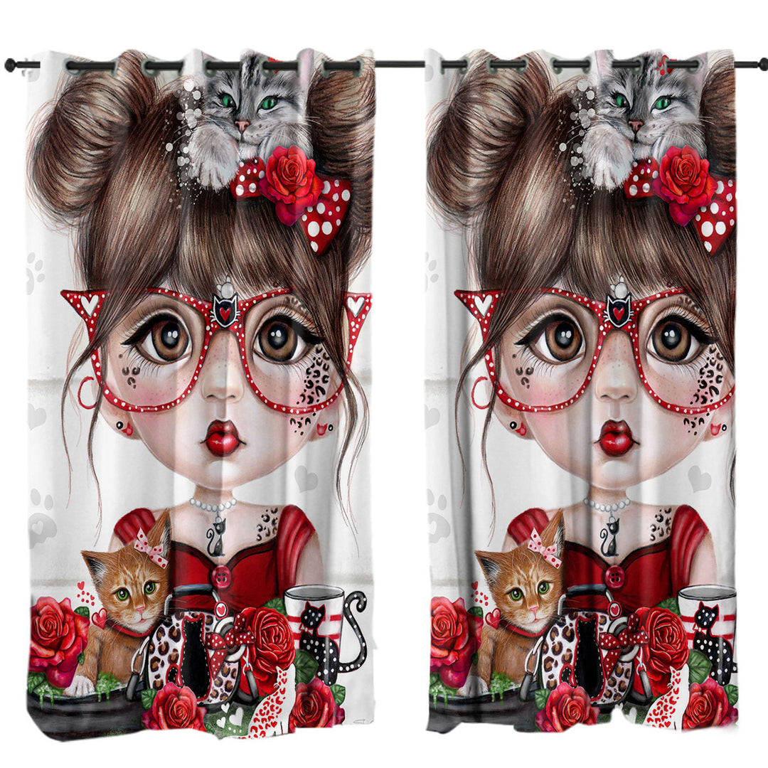 Cat Crazy Chloe Red Girl Curtains for Living Room