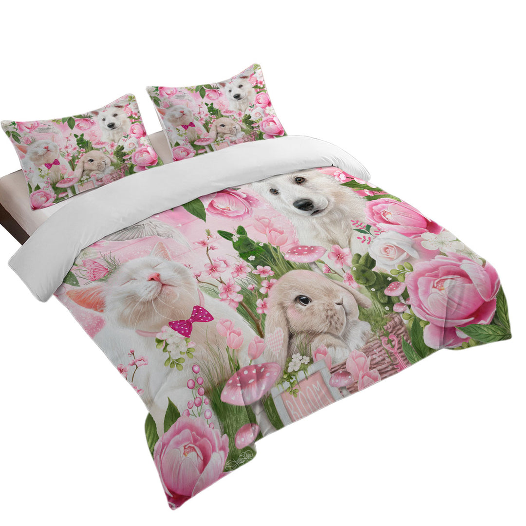 Cat Dog Bunny Pink Blossom Buddies California King Duvet Cover