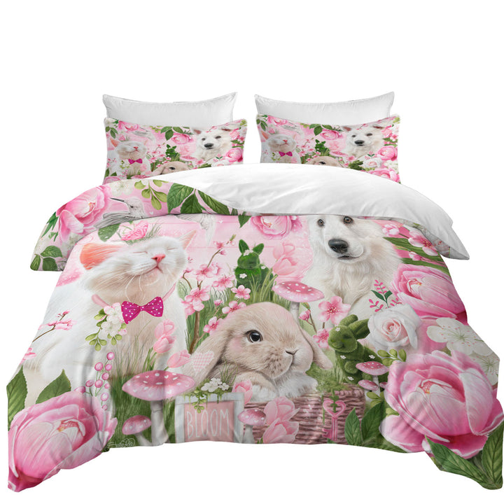 Cat Dog Bunny Pink Blossom Buddies Duvet Cover