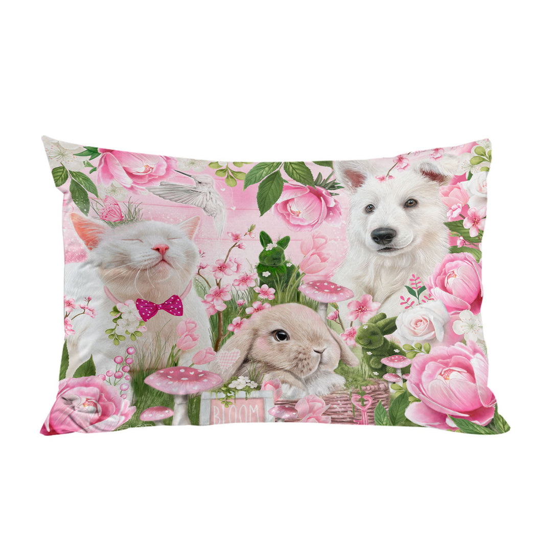 Cat Dog Bunny Pink Blossom Buddies Pillow Cases