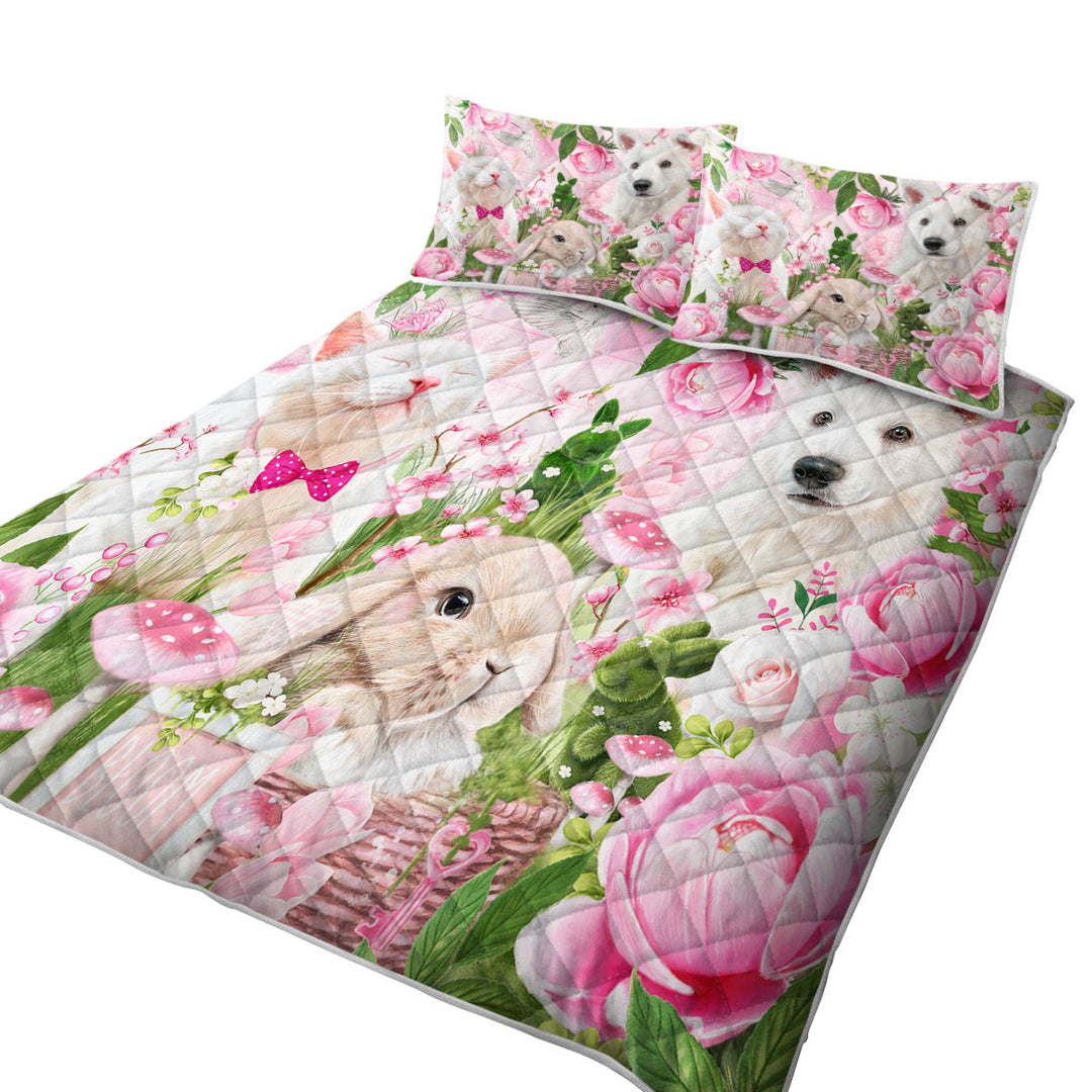 Cat Dog Bunny Pink Blossom Buddies Twin Quilt