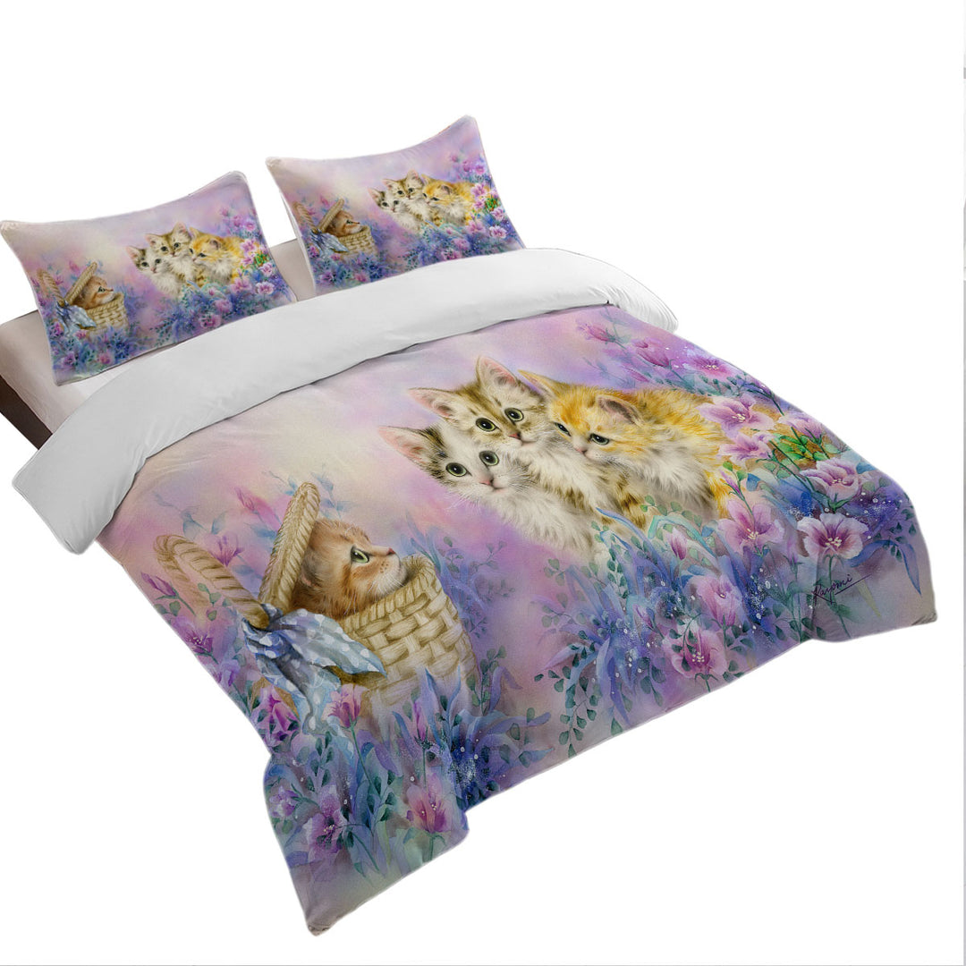 Cats Art Adorable Cute Kittens in Flower Garden Duvet Cover set