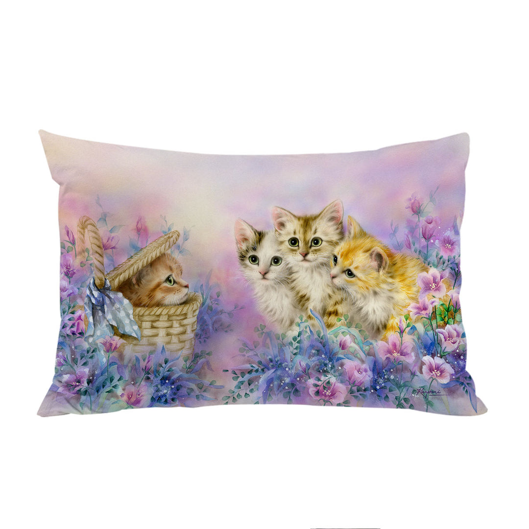 Cats Art Adorable Cute Kittens in Flower Garden Pillow Case Covers