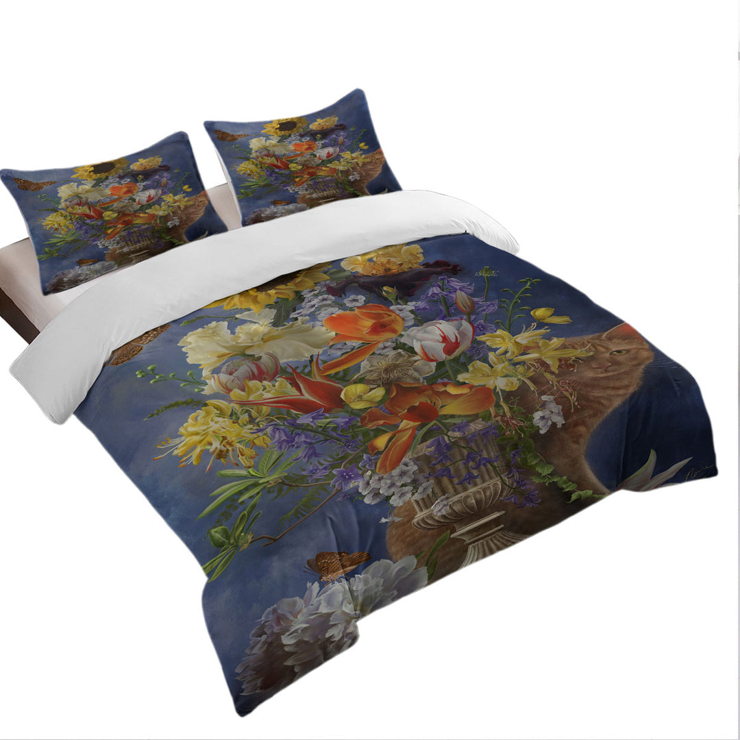 Cats Art Colorful Flower Bouquet and Cat Comforter Cover