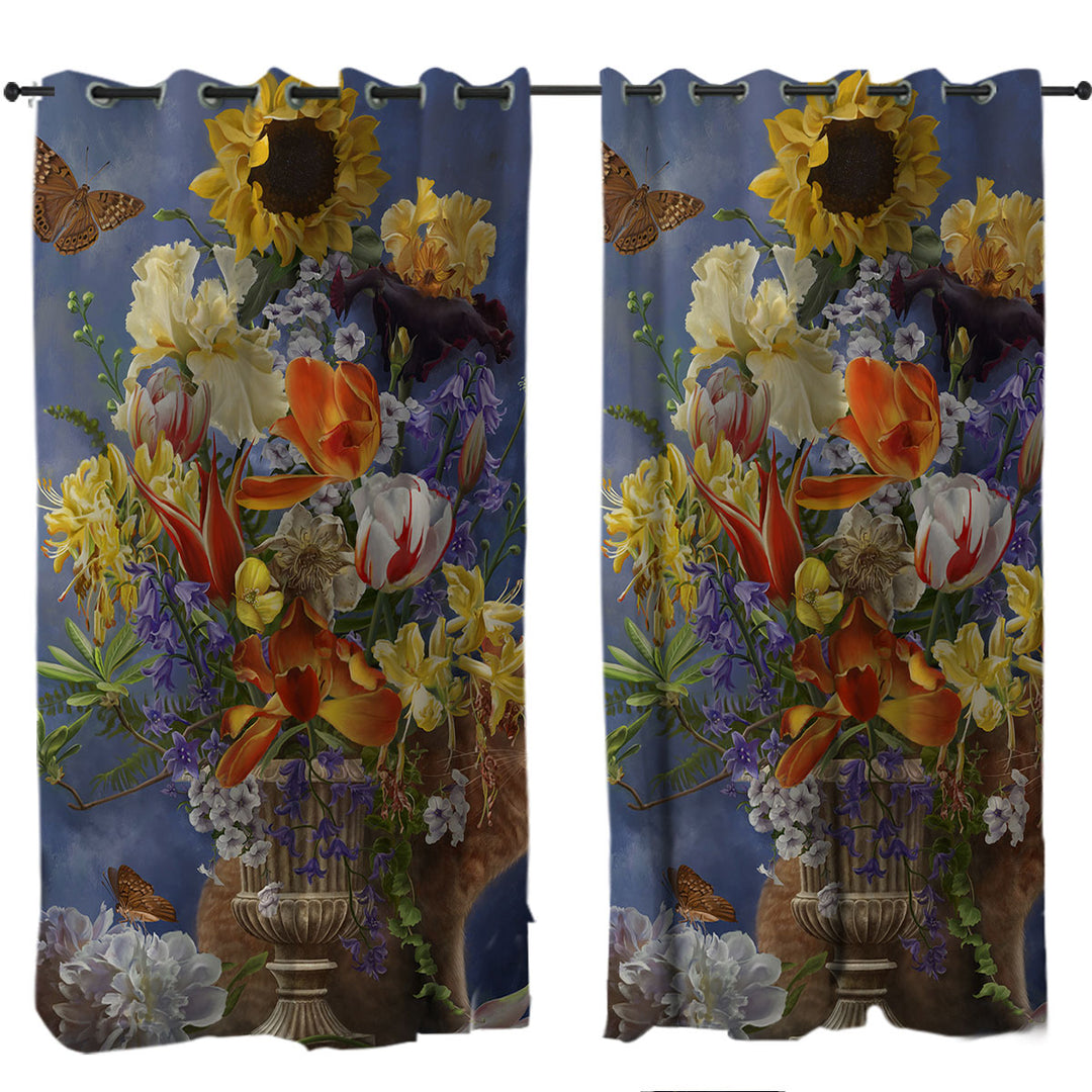 Cats Art Colorful Flower Bouquet and Cat Curtains