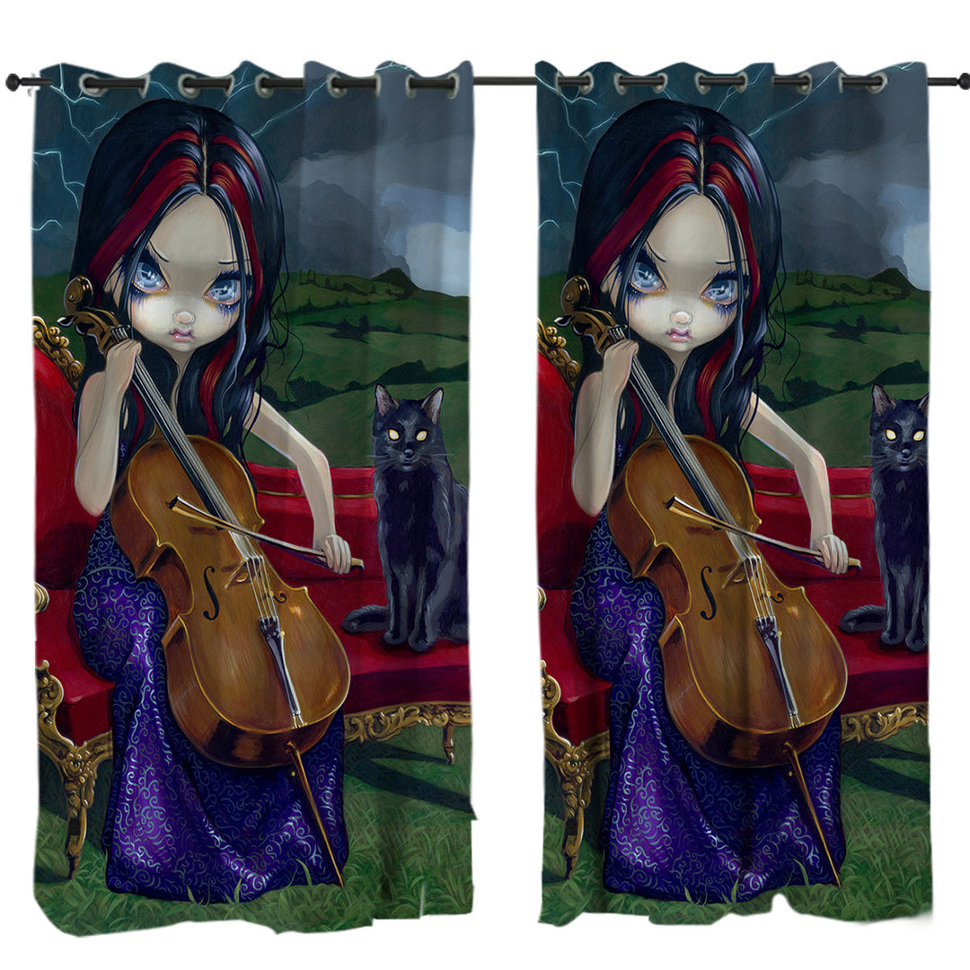 Cello Storm Gothic Beautiful Girl and Her Cat Curtains