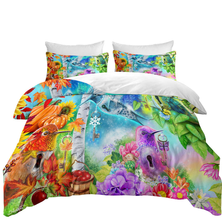 Changing Seasons Autumn Spring Hummingbirds King Duvet Cover set