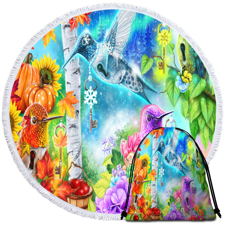 Changing Seasons Autumn Spring Hummingbirds Round Beach Towel