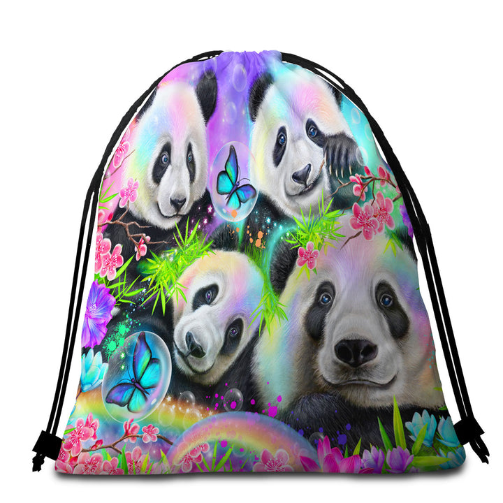 Cherry Blossom Rainbow Pandas Beach Bags and Towels