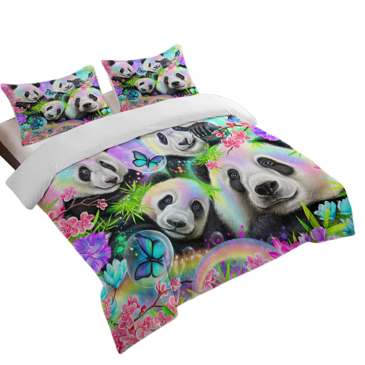 Cherry Blossom Rainbow Pandas Coverlet