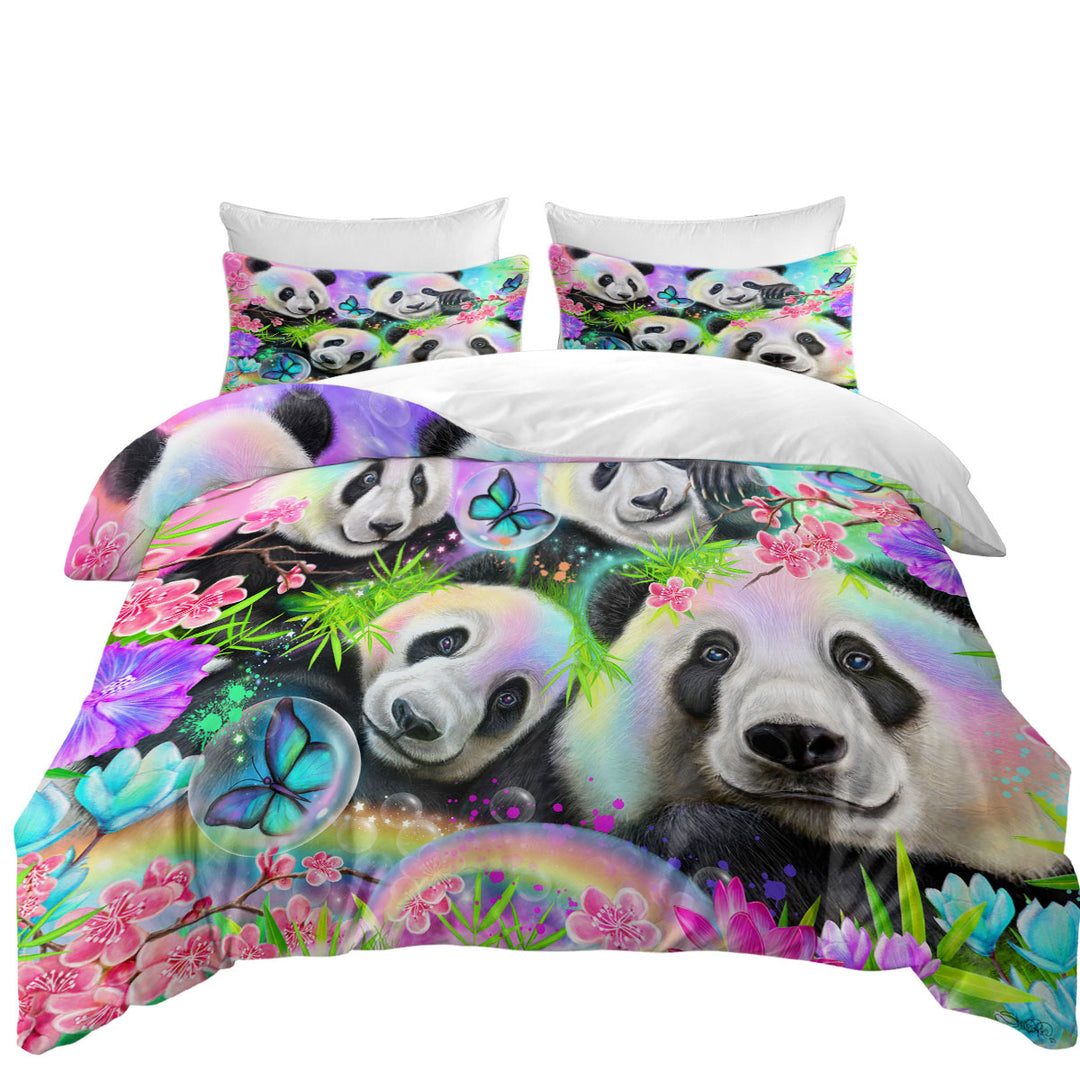 Cherry Blossom Rainbow Pandas Coverlets