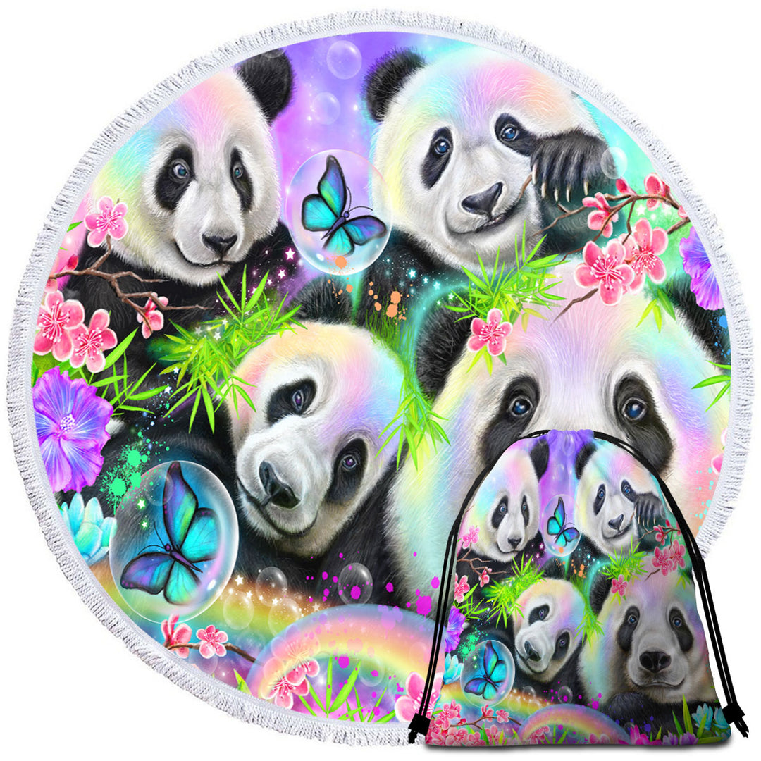 Cherry Blossom Rainbow Pandas Round Beach Towel