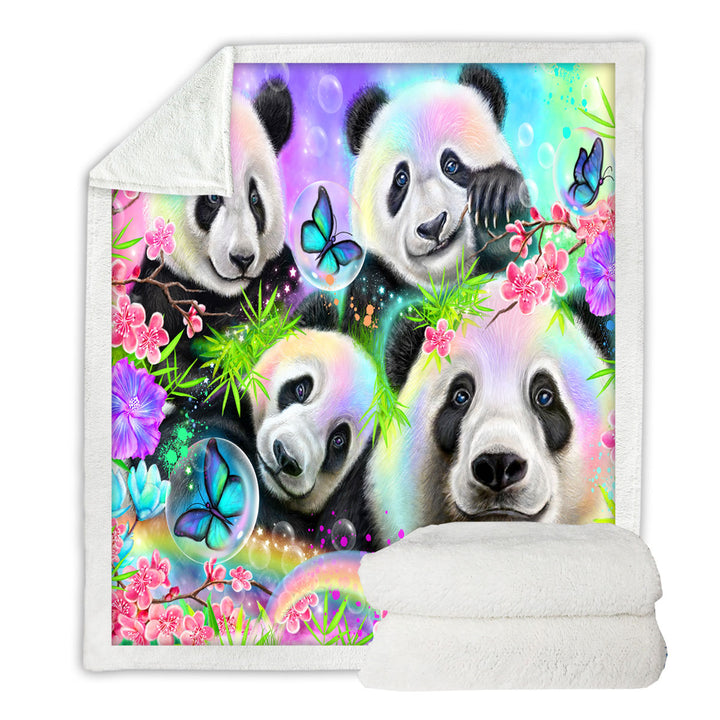 Cherry Blossom Rainbow Pandas Throws on Sale