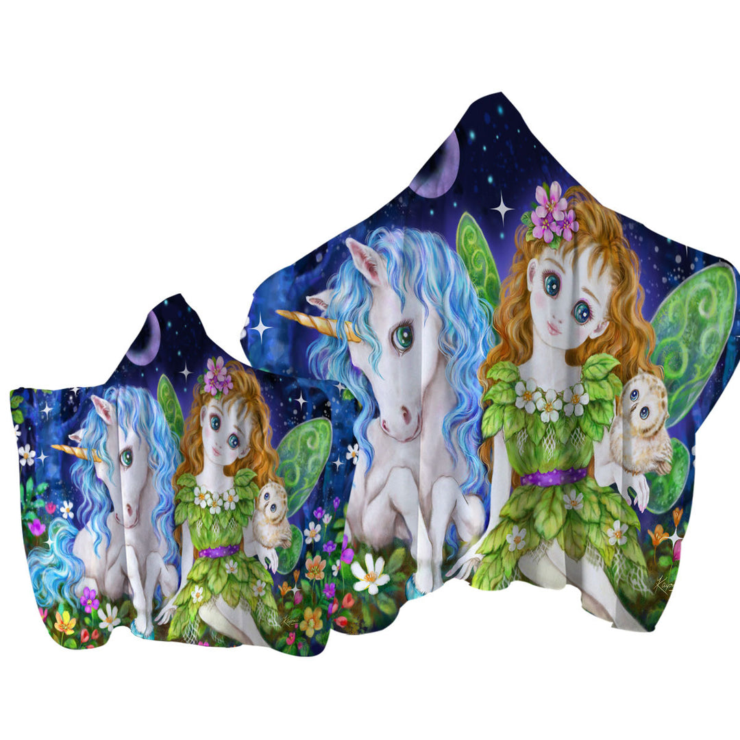 Children Art Design Leaf Fairy and Unicorn Hooded Beach Towel