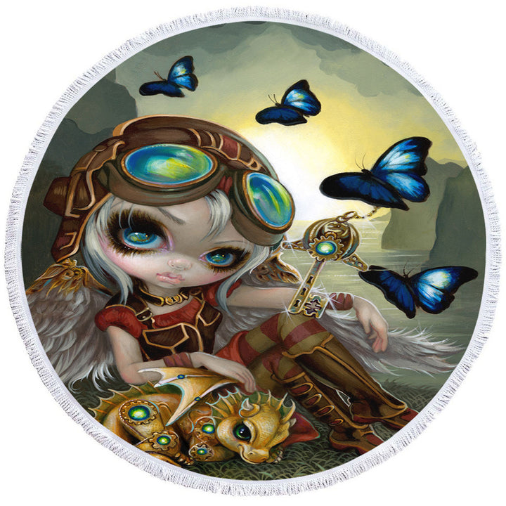 Children Beach Towels Cute Fantasy Art Angel and Clockwork Dragonling