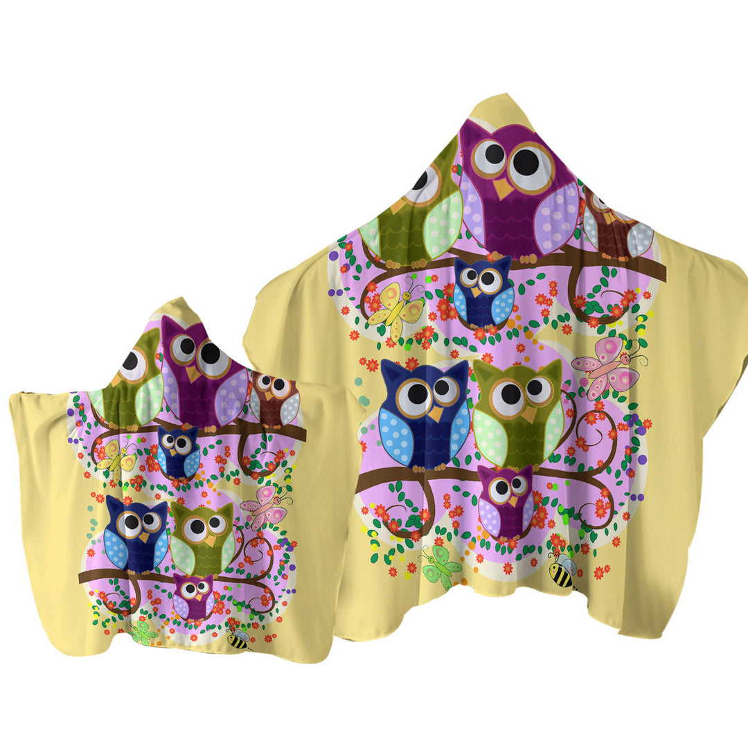 Children Cute Multi Colored Owls Hooded Beach Towel