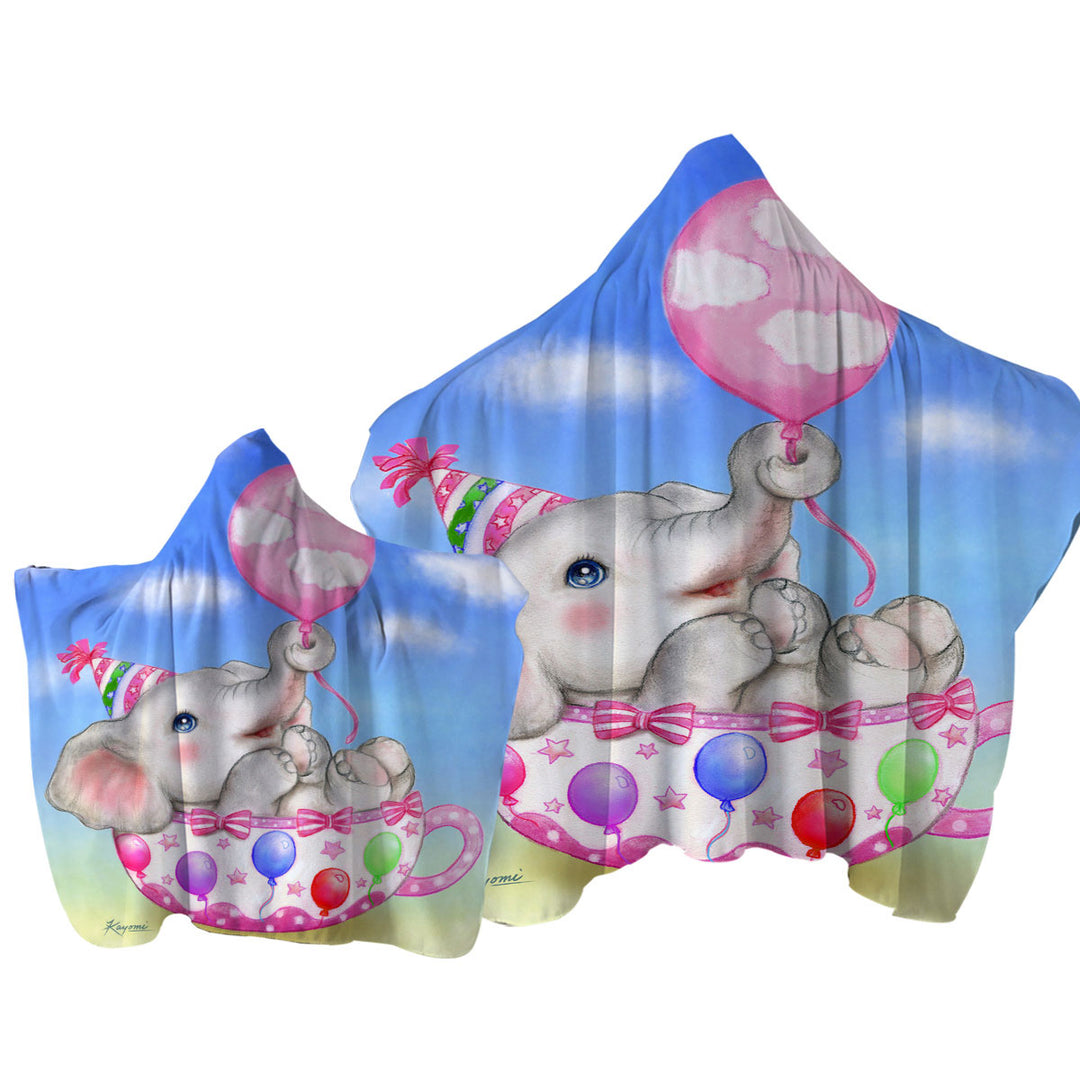 Children Design Cute Elephant Cup and Balloons Hooded Beach Towel