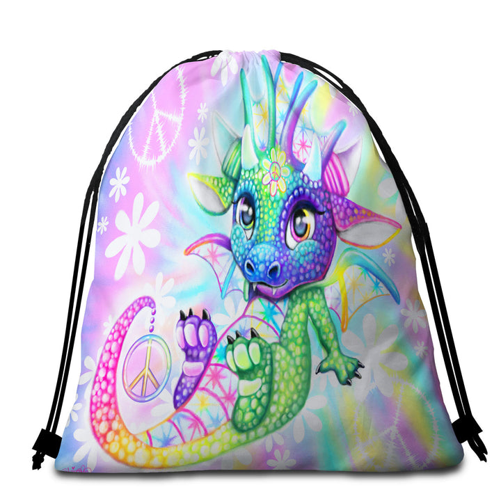 Children Packable Beach Towel Colorful Cute Peaceful Tie Dye Lil Dragon