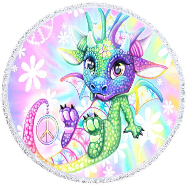 Children Round Beach Towel Colorful Cute Peaceful Tie Dye Lil Dragon