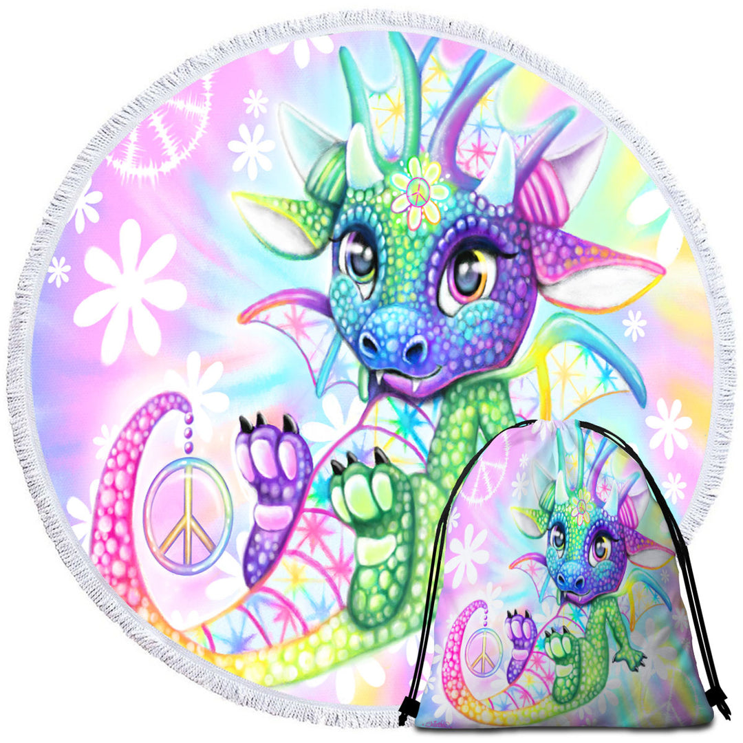 Children Round Towel Colorful Cute Peaceful Tie Dye Lil Dragon