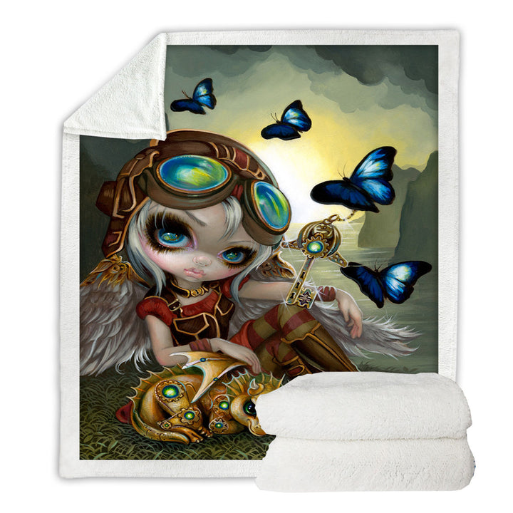 Children Throws Cute Fantasy Art Angel and Clockwork Dragonling